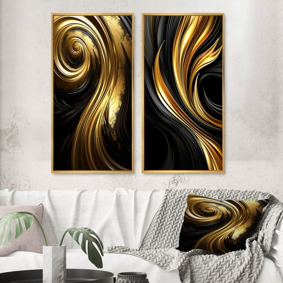 Designart "Minimal Black Gold Swirl Abstracted" Abstract Spirals Framed Wall Art Set Of 2 - Transitional Gold Gallery Wall Frame Set For Home Decor