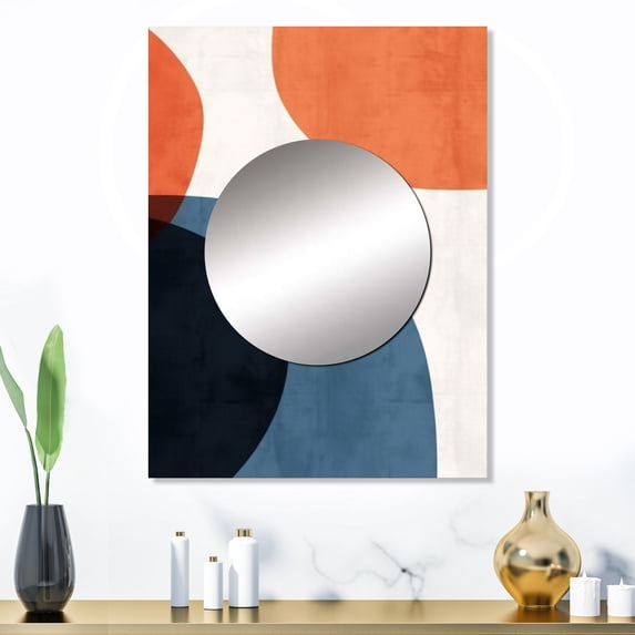 Designart "Minimal Boho Pattern in Blue and Orange I" Abstract Minimalism Mirror Wall Decor - Modern Blue Abstract Hallway Wall Mirror Art - 32" x 24" Inch