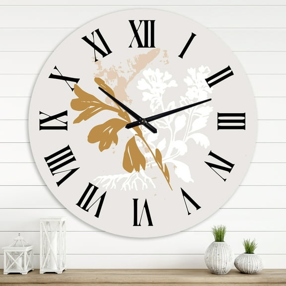 Designart 'Minimal Botanical Design In Brown And White' Traditional Wall Clock