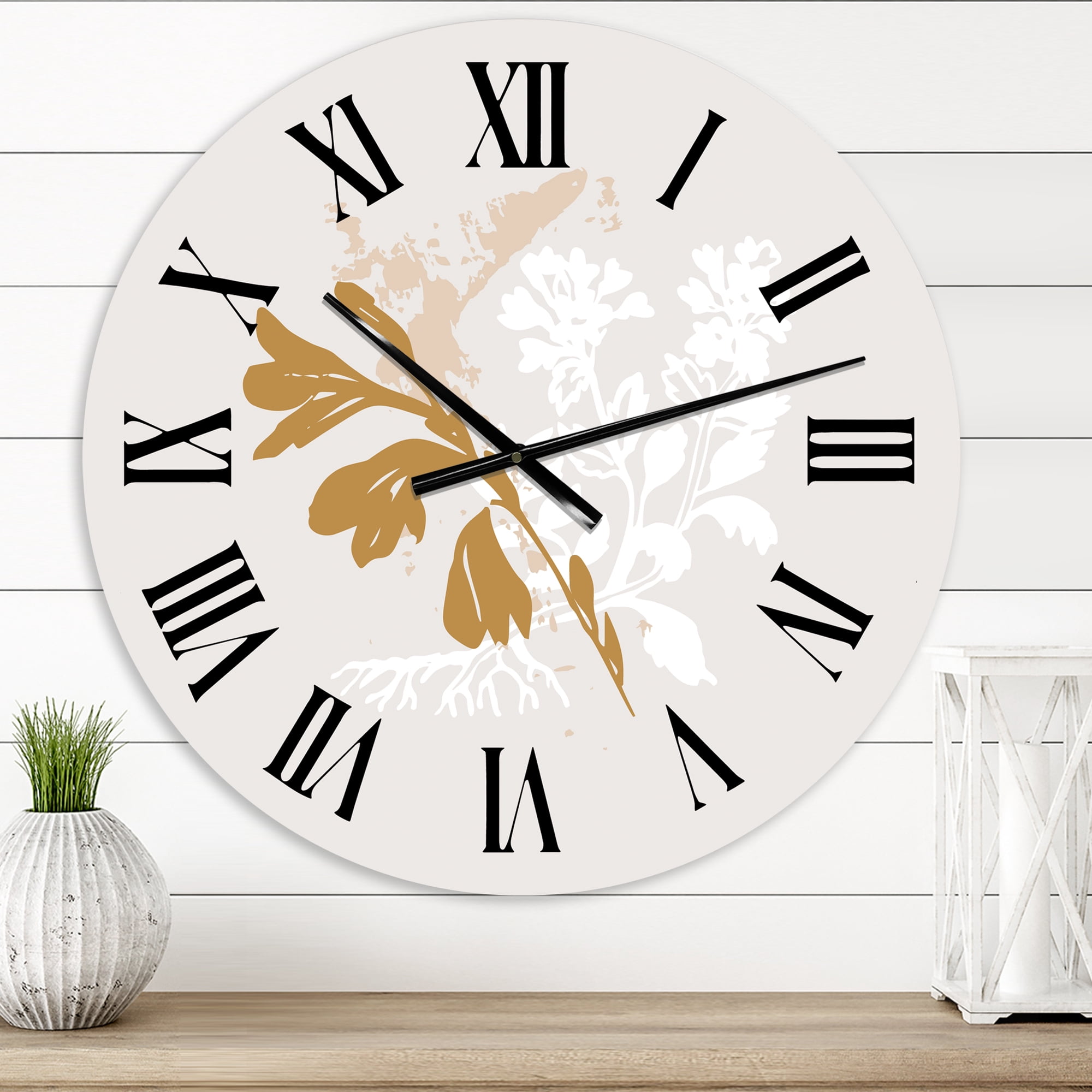 Designart 'Minimal Botanical Design In Brown And White' Traditional Wall Clock