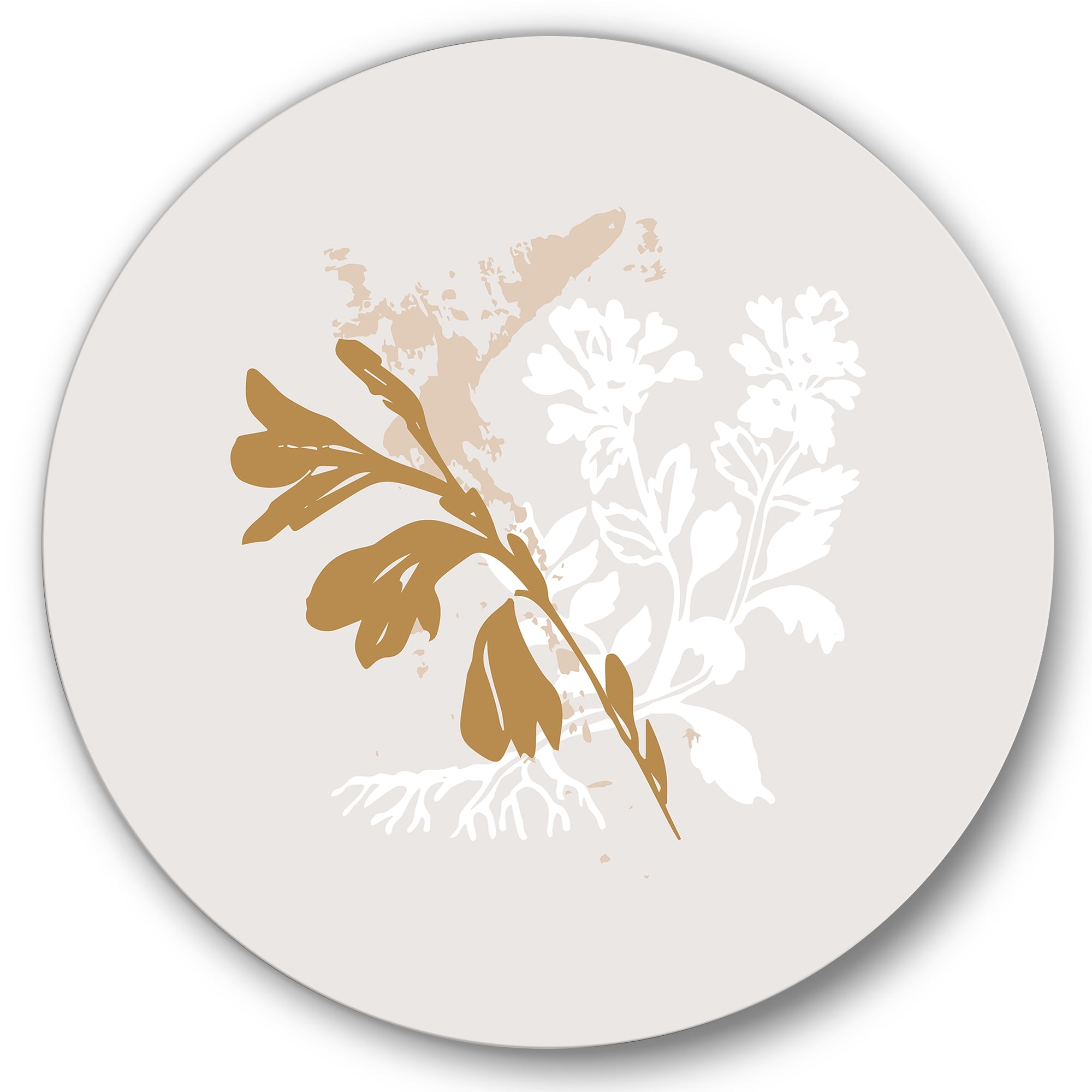 Designart 'Minimal Botanical Design In White and Brown' Traditional Circle Metal Wall Art 23x23 - Disc of 23