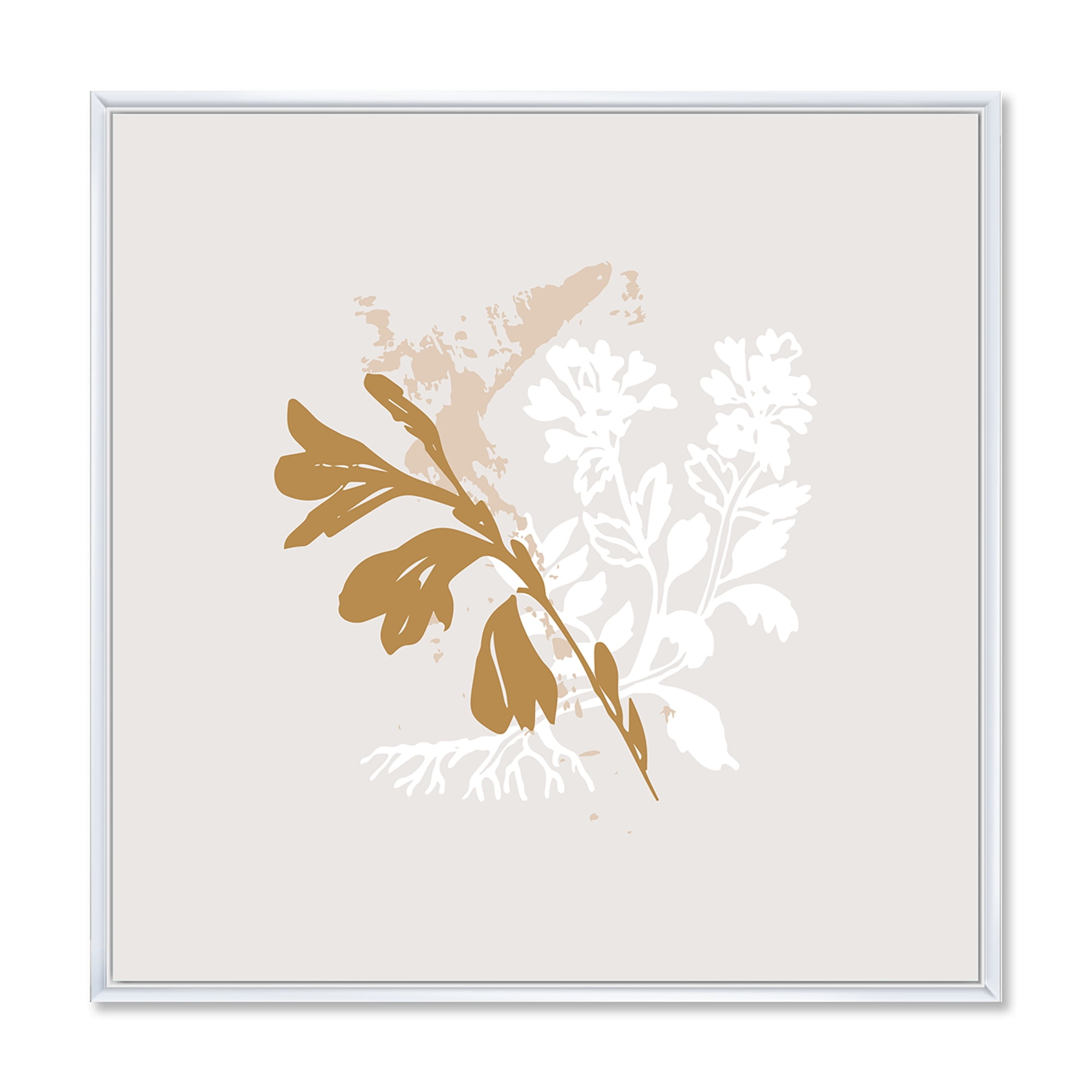 Designart 'Minimal Botanical Design In White and Brown' Traditional Framed Canvas Wall Art Print