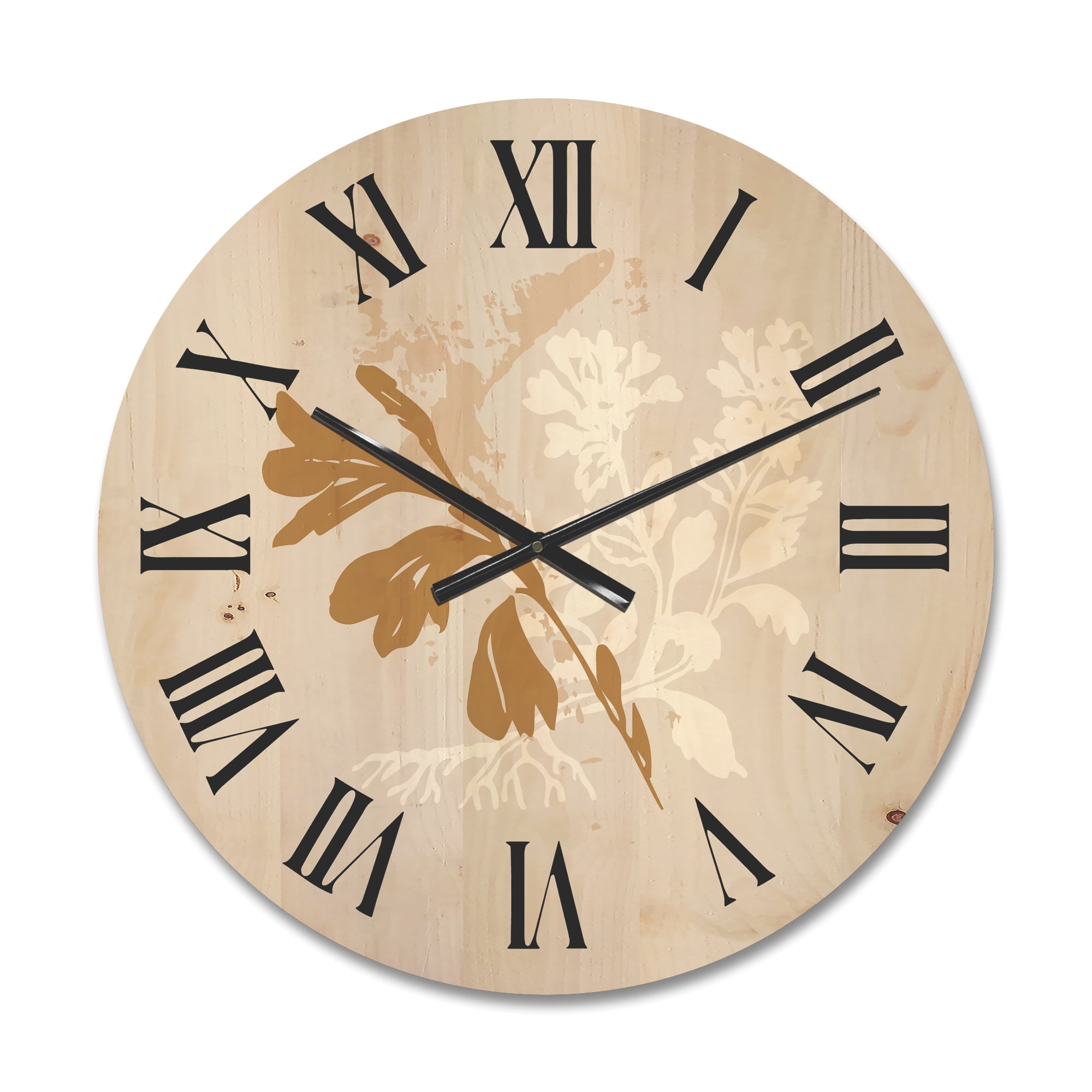 Designart 'Minimal Botanical Design In White and Brown' Traditional Wood Wall Clock