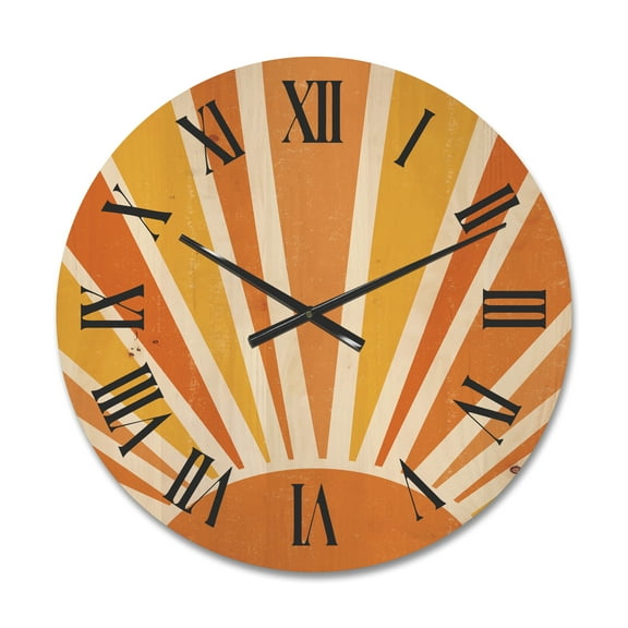 Designart 'Minimal Bright Shining Orange Sun Rays II' Modern Wood Wall Clock