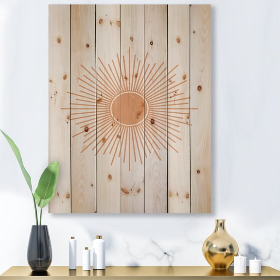 Designart 'Minimal Bright Shining Orange Sun Rays III' Modern Print on Natural Pine Wood
