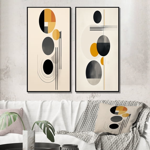 Designart "Minimal Circular Geometric Art II" Modern Geometric Framed Wall Art Set Of 2 - Modern Grey Gallery Wall Frame Set For Home Decor