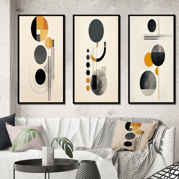 Designart "Minimal Circular Geometric Art II" Modern Geometric Framed Wall Art Set Of 3 - Grey Abstract Frame Gallery Wall Set For Home Decor