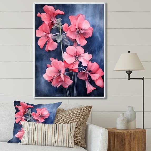 Designart "Minimal Expression Of Geraniums: Blue And Pink" Geraniums Floater Framed Wall Art Living Room