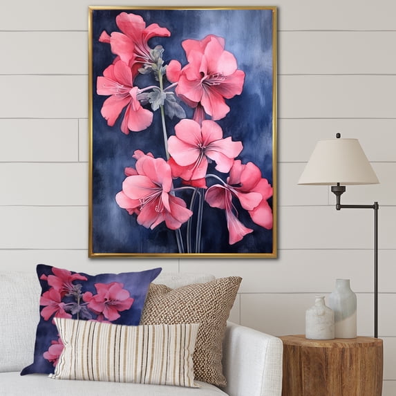Designart "Minimal Expression Of Geraniums: Blue And Pink" Geraniums Floater Framed Wall Art Living Room