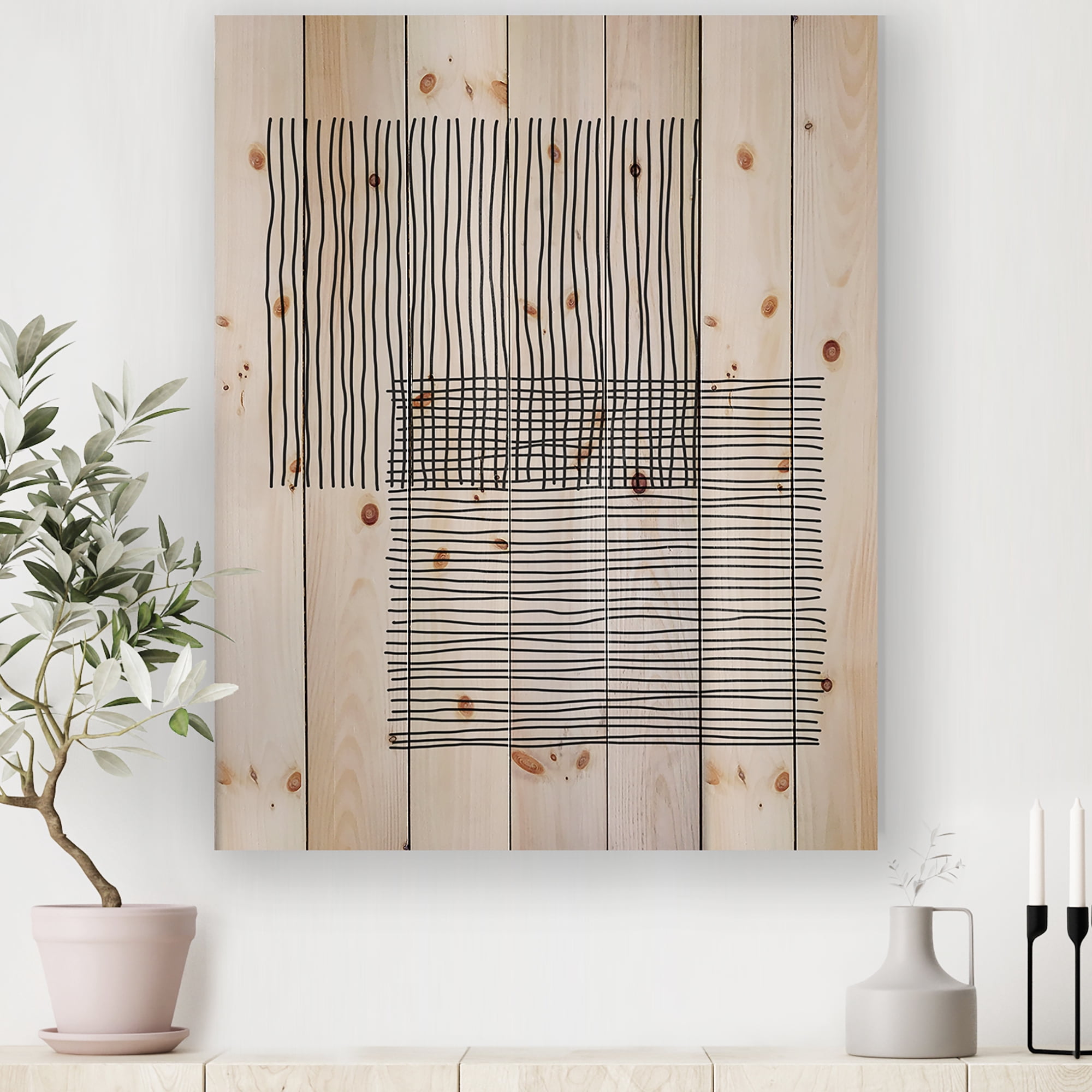 Designart 'Minimal Geometric Squares and Lines II' Modern Print on Natural Pine Wood