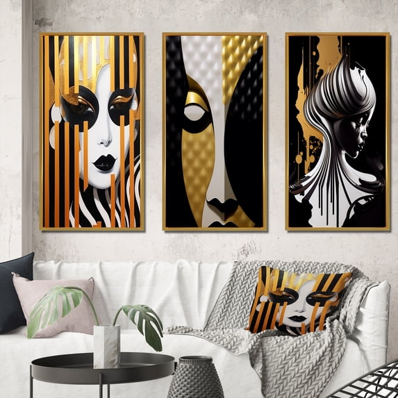 Designart "Minimal Glamour Portrait of an Exquisite Young Woman II" Fashion Woman Framed Wall Art Set Of 3 - Gold Glam Frame Gallery Wall Set For Home Decor
