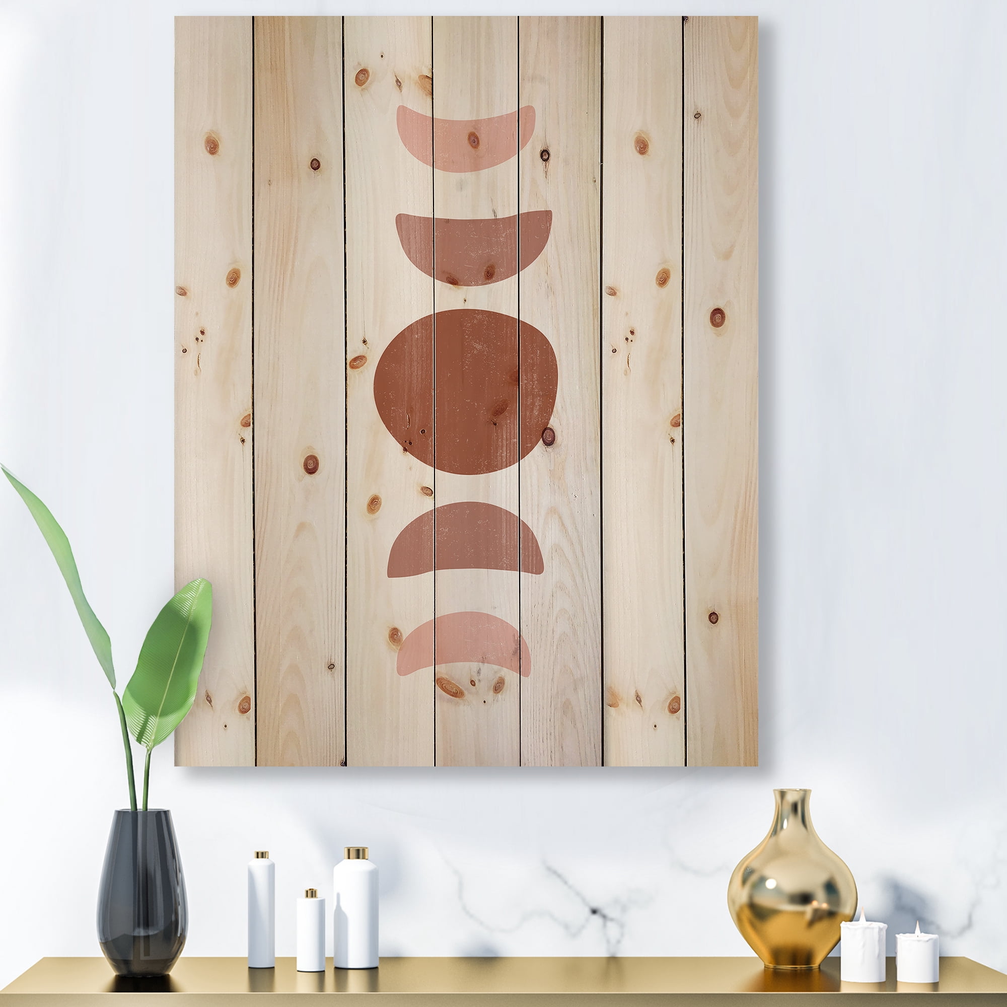 Designart 'Minimal Moon Phases On White' Modern Print on Natural Pine Wood