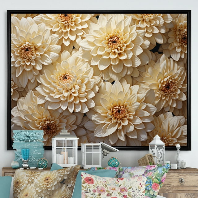 Designart "Minimal Mosaic: White Chrysanthemum Art" Chrysanthemums Floater Framed Wall Art Living Room