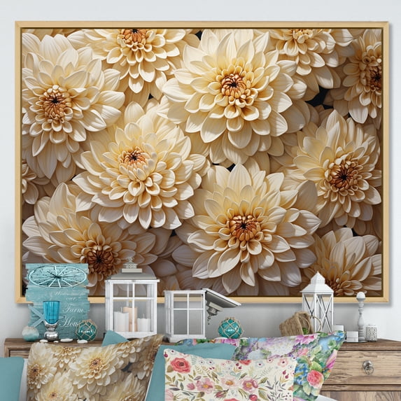 Designart "Minimal Mosaic: White Chrysanthemum Art" Chrysanthemums Floater Framed Wall Art Living Room