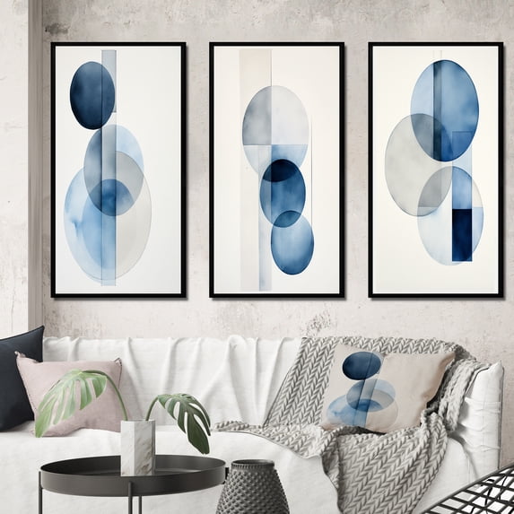Designart "Minimal Orbicular Unity in Retro Blue II" Modern Geometric Framed Wall Art Set Of 3 - Blue Abstract Frame Gallery Set For Office Decor