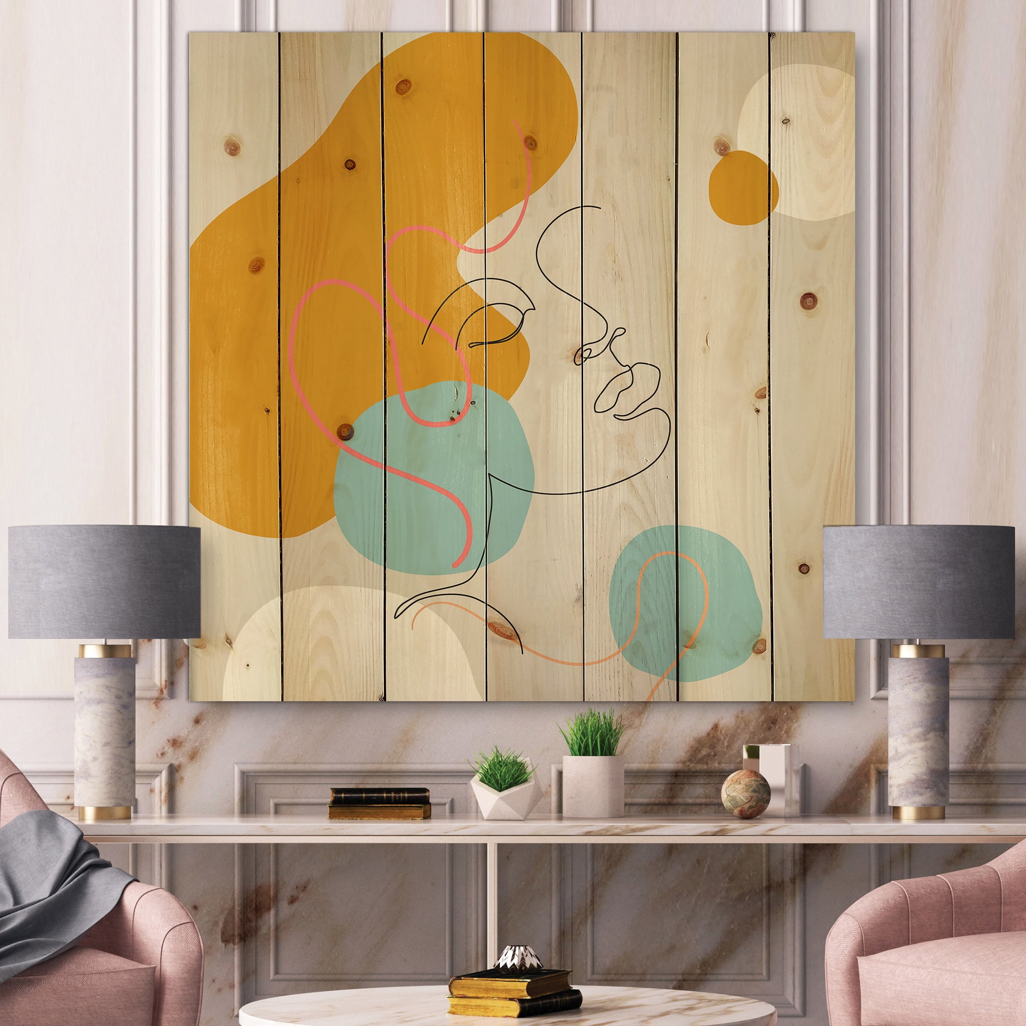 Designart 'Minimal Portrait of Female Face Drawn With One Line I' Modern Print on Natural Pine Wood