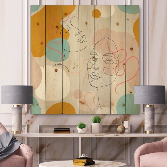 Designart 'Minimal Portrait of Female Face Drawn With One Line II' Modern Print on Natural Pine Wood