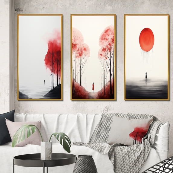Designart "Minimal Serenity Moonlit Wanderings II" Abstract Landscape Framed Wall Art Set Of 3 - Red Abstract Landscapes Frame Canvas Set For Living Room Decor