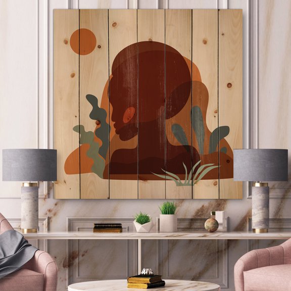 Designart 'Minimal Silhouette Of African American Woman' Modern Print on Natural Pine Wood