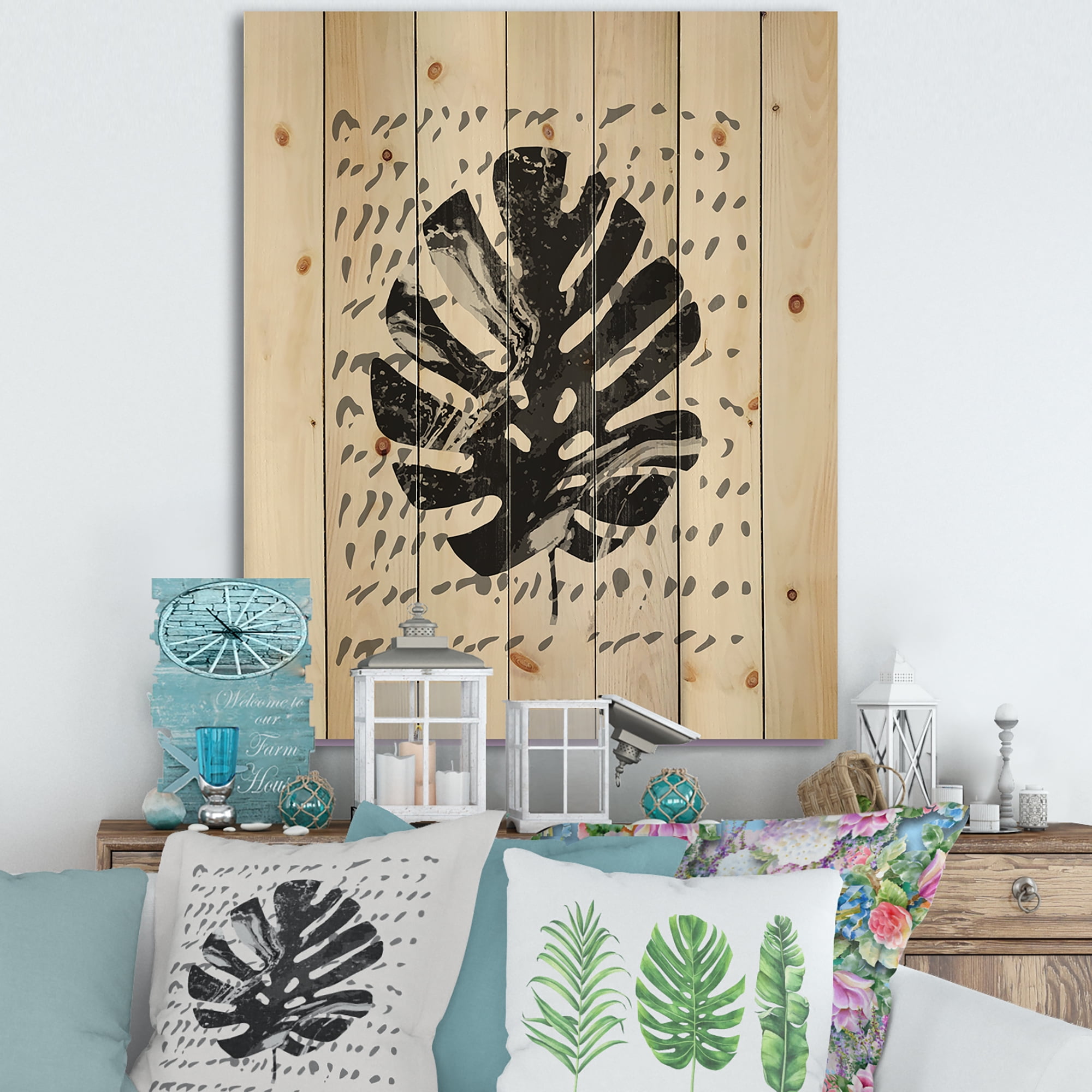 Designart 'Minimal Tropical Palm Leaf Over Grunge Texture' Tropical Print on Natural Pine Wood
