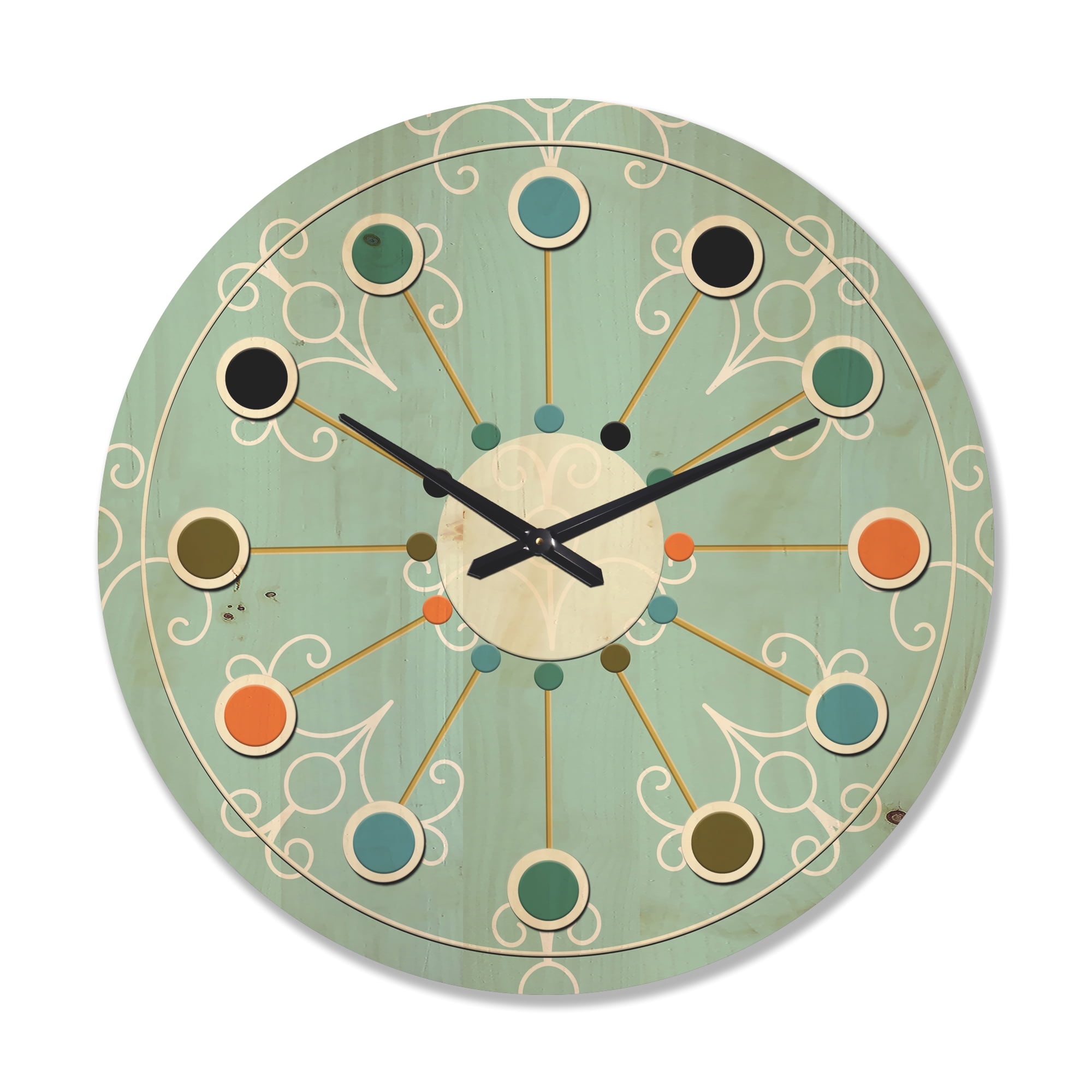 Designart 'Minimal Turquoise Ornament' Mid-Century Modern Wood Wall Clock