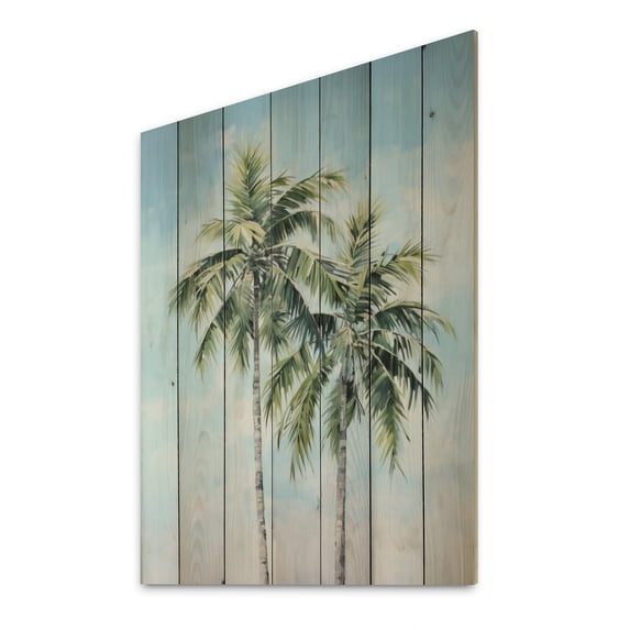 Designart "Minimalims Palm Trees Green II" Floral Print on Natural Pine Wood