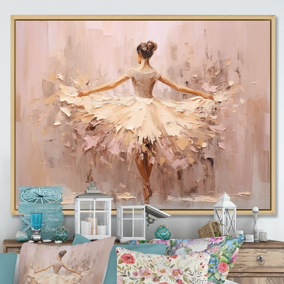 Designart "Minimalism Ballerina In Beige And Gold II" Ballet Floater Framed Canvas Art Print
