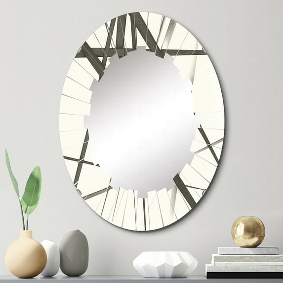 Designart "Minimalism in Black and White IV" Abstract Shapes Round Wall Mirror - Modern Oval Printed Decorative Oversized Mirror - Multiple Color Options