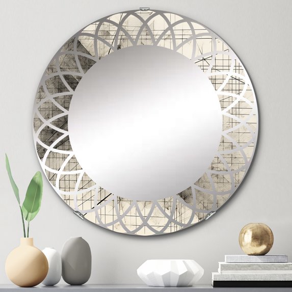 Designart "Minimalism in Black and White V" Abstract Shapes Round Wall Mirror - Modern Oval Printed Decorative Oversized Mirror - Multiple Color Options