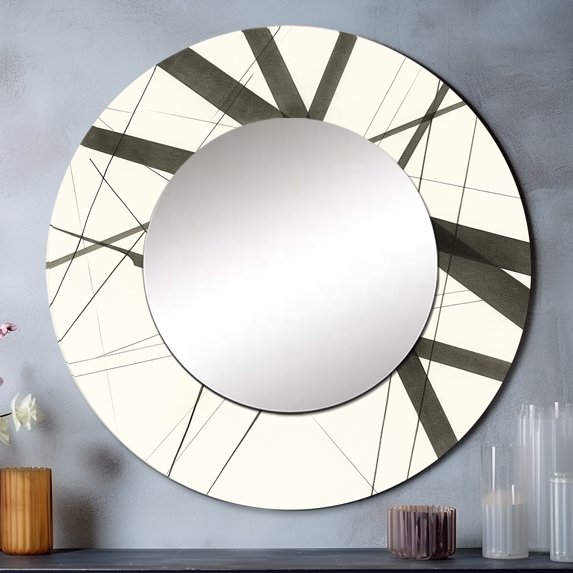 Designart "Minimalism in Black and White VII" Abstract Shapes Rund Mirror For Wall Decor - Large Black Round Print Mirror - Round Modern Mirror 29" x 29" Inch - Wall Mounted Round Large Mirror