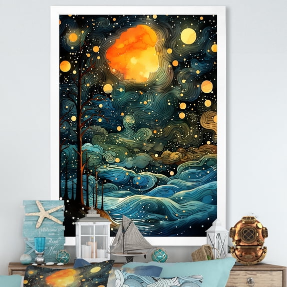 Designart "Minimalism Blue Moonlit Coastline I" Coastal Framed Wall Art - Coastal Blue Coastal Minimalism Entryway Framed Wall Art