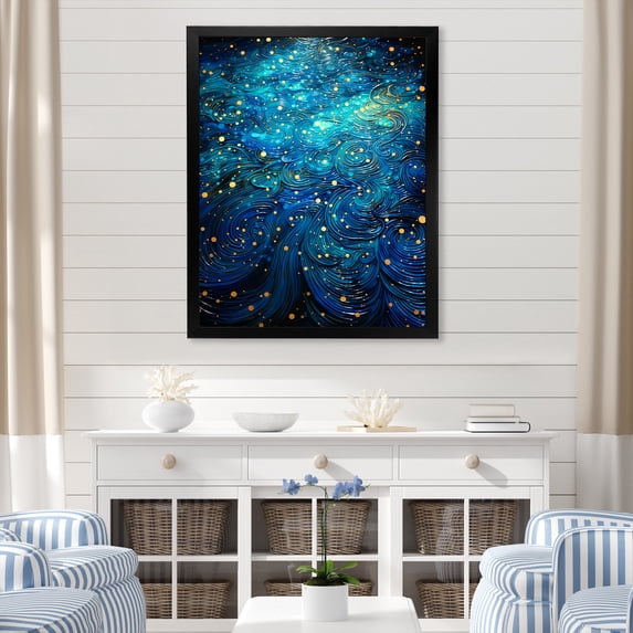 Designart "Minimalism Blue Moonlit Coastline II" Coastal Framed Wall Art - Coastal Blue Coastal Minimalism Living Room Framed Canvas Art