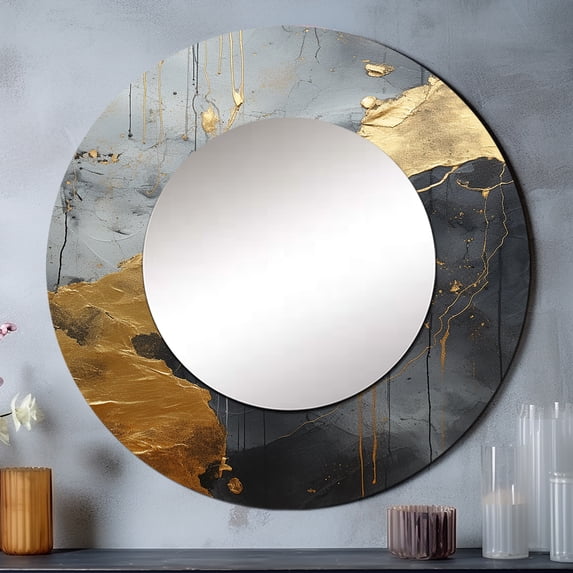 Designart "Minimalism Chrome Gold And Grey Potteries" Abstract Spirals Rund Mirror For Wall Decor - Large Gold Round Printed Mirror -Modern Round Living Room Mirror - 29" x 29"