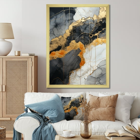 Designart "Minimalism Chrome Gold And Orange Potteries" Abstract Spirals Picture Framed Wall Decor