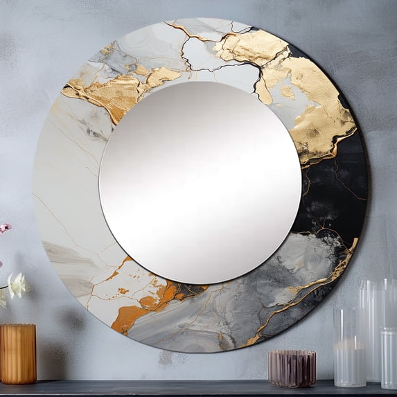 Designart "Minimalism Chrome White And Gold Potteries" Abstract Spirals Rund Mirror For Wall Decor - Large White Round Print Mirror - Round Modern Mirror - Wall Mounted Round Large Mirror - 23" x 23"