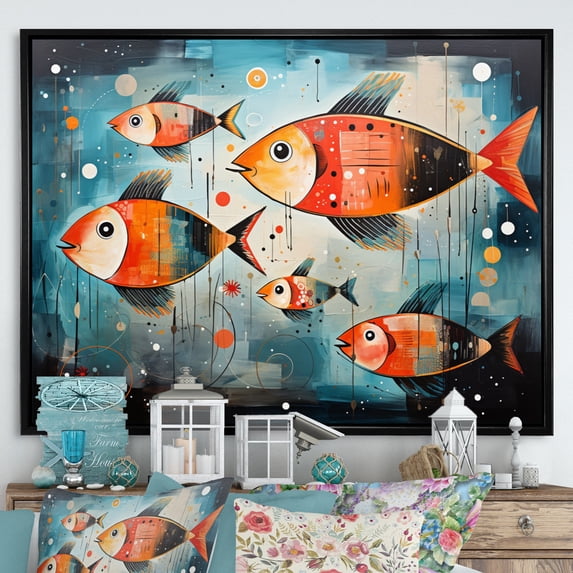 Designart "Minimalism Fish compositions II" Animals Floater Framed Wall Art Print