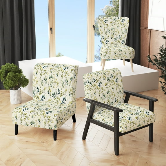Designart "Minimalism Green Fern Flowers" Upholstered Bohemian & Eclectic Accent Chair and Botanical Arm Chair - Multiple Color & Pattern