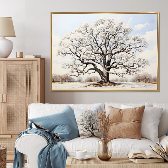 Designart "Minimalism Grey Tree silence III" Floral Floater Framed Wall Decor