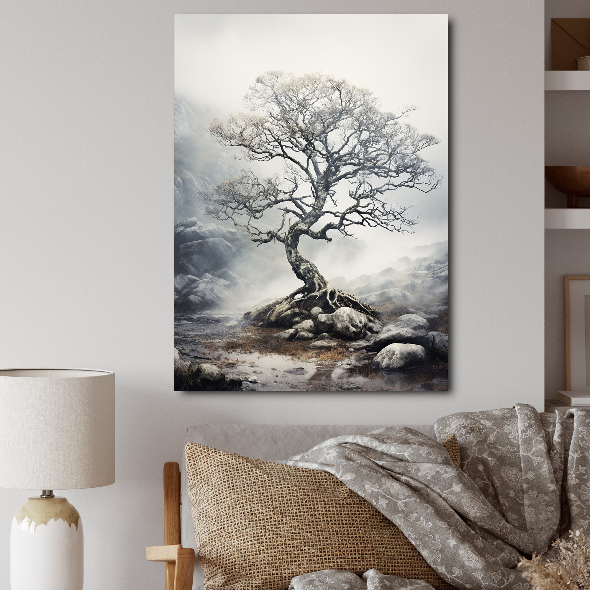 Designart "Minimalism Grey Tree silence IX" Landscape Trees Wall Decor