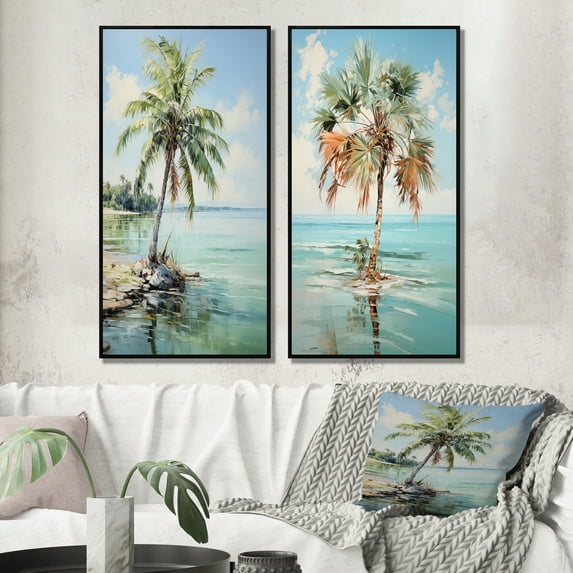 Designart "Minimalism Plam Tree silence II" Palms & Palm Trees Framed Wall Art Set Of 2 - Green Floral Frame Gallery Set For Office Decor
