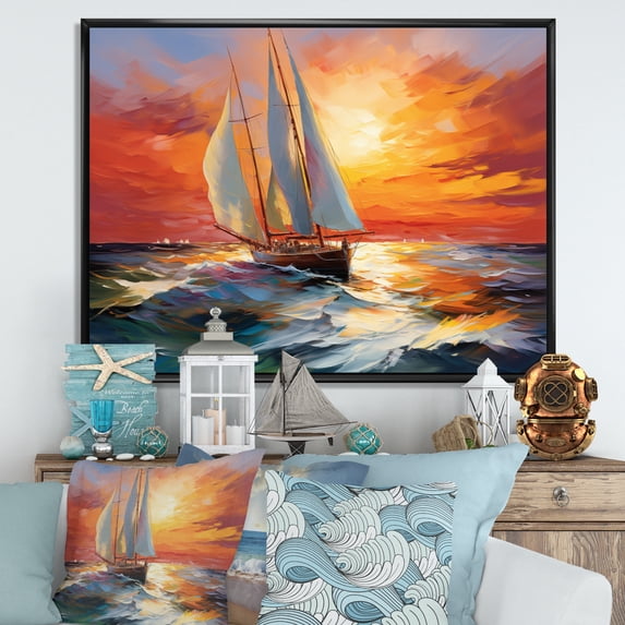 Designart "Minimalism Sailboat flow VI" Sailing Boat Floater Framed Wall Art Print