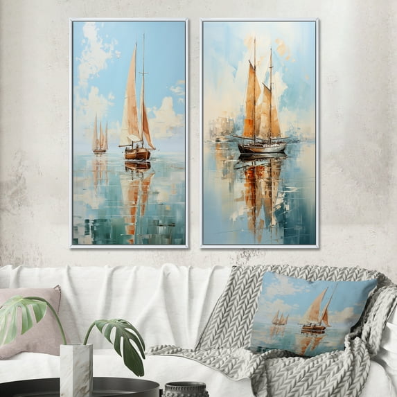 Designart "Minimalism Sailboat peaceful IV" Boat Sailing Framed Wall Art Set Of 2 - Multi-Color Transportation Framed Canvas Set For Living Room Decor