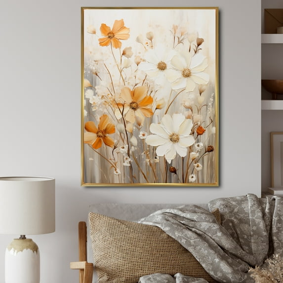 Designart "Minimalism Yellow White Flower composition II" Abstract Botanicals Floater Framed Canvas Wall Art
