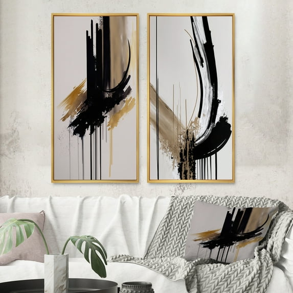 Designart "Minimalism in Gold III" Abstract Framed Wall Art Set Of 2 - Black Geometric Gallery Wall Frame Set For Home Decor