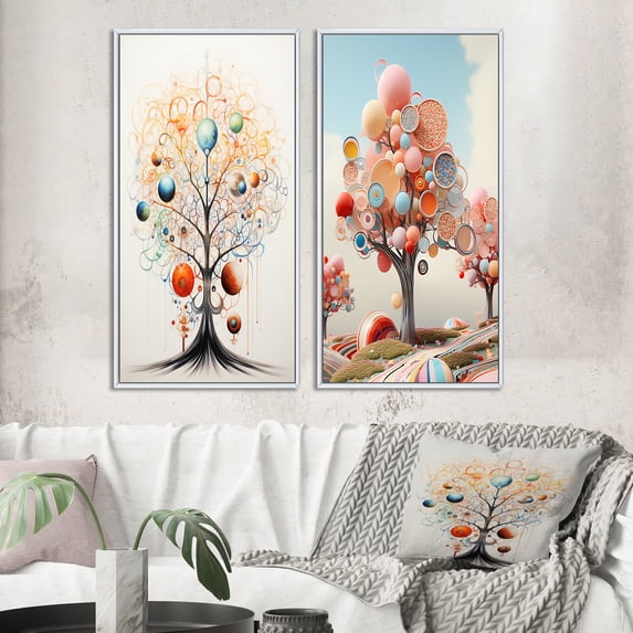Designart "Minimalist Atomic Tree Abstract Botanical" Landscape Trees Framed Wall Art Set Of 2 - Traditional Blue Framed Wall Art Set Of 2