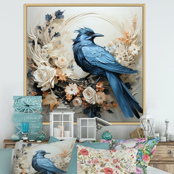 Designart "Minimalist Avian With White Carnations" Birds Of Paradise Floater Framed Canvas Wall Art