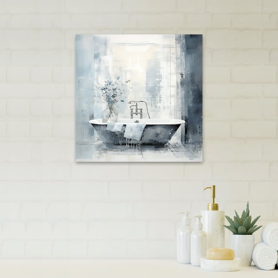 Designart "Minimalist Bathroom Elegance III" Humor Canvas Wall Art - Traditional Grey Bathroom Hallway Wall Art Decor