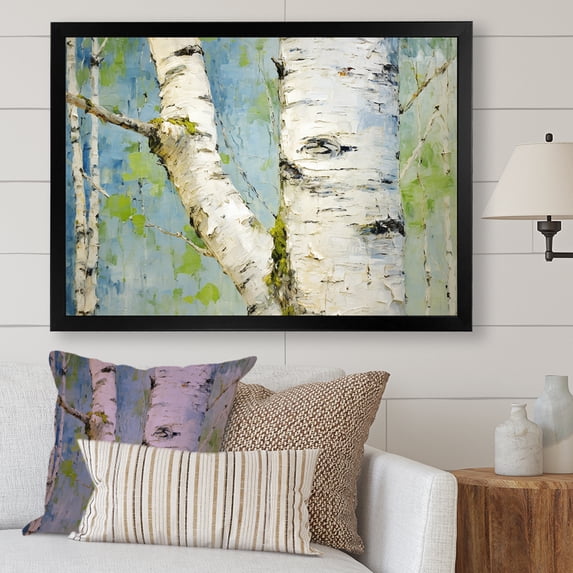 Designart "Minimalist Beauty White and Green Birch Tree" Landscapes Framed Wall Art Decor - Country White Tree Bedroom Framed Canvas Wall Art