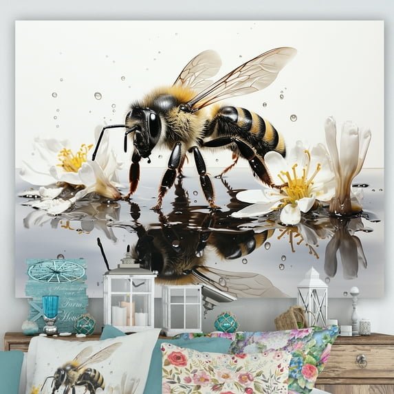 Designart "Minimalist Bee And Water Reflection" Animals Bee Canvas Prints