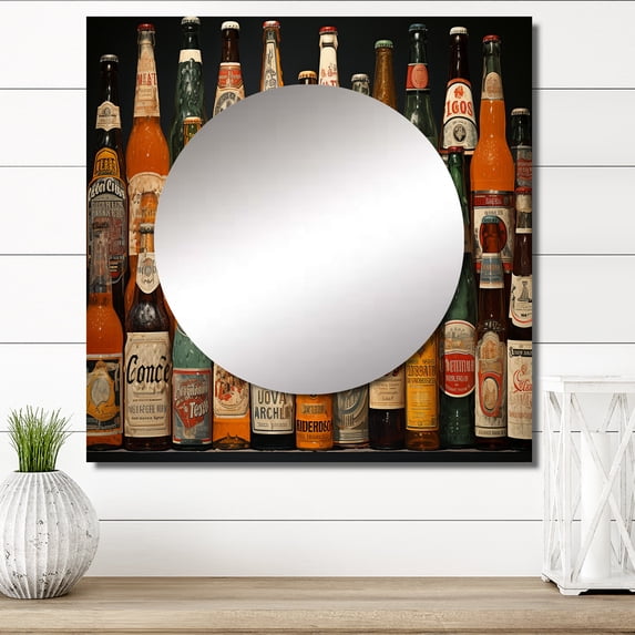 Designart "Minimalist Beer Array" Beer Square Mirror For Wall Decor - Large Orange Square Mirror Printed Wall Decor - Traditional Square Living Room Mirror